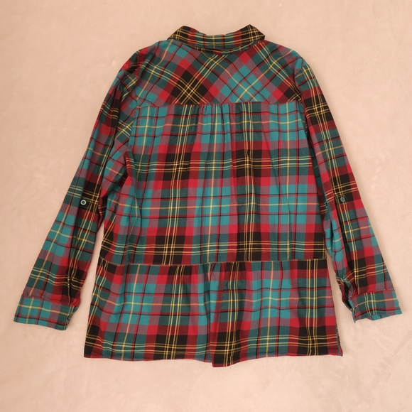 d&co Pink Teal Plaid Embroidered Button Up Roll Tab Long Sleeve Tunic Shirt - Picture 4 of 5